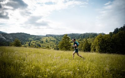 Trail tekač teče po zelenih travnikih na obrobju gozdov na Kočevskem Outdoor Festivalu.